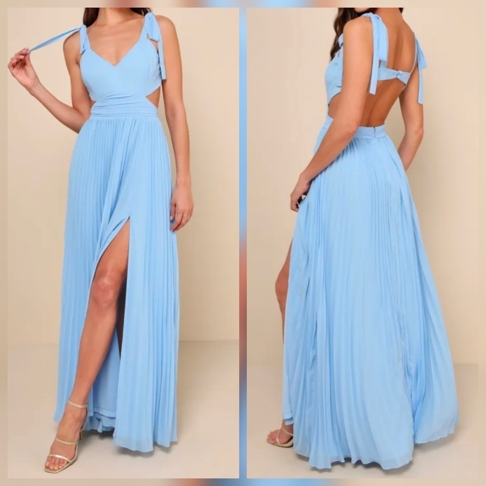 Lulus Celebratory Allure Powder Blue Pleated Backless Maxi Dress, Size Medium